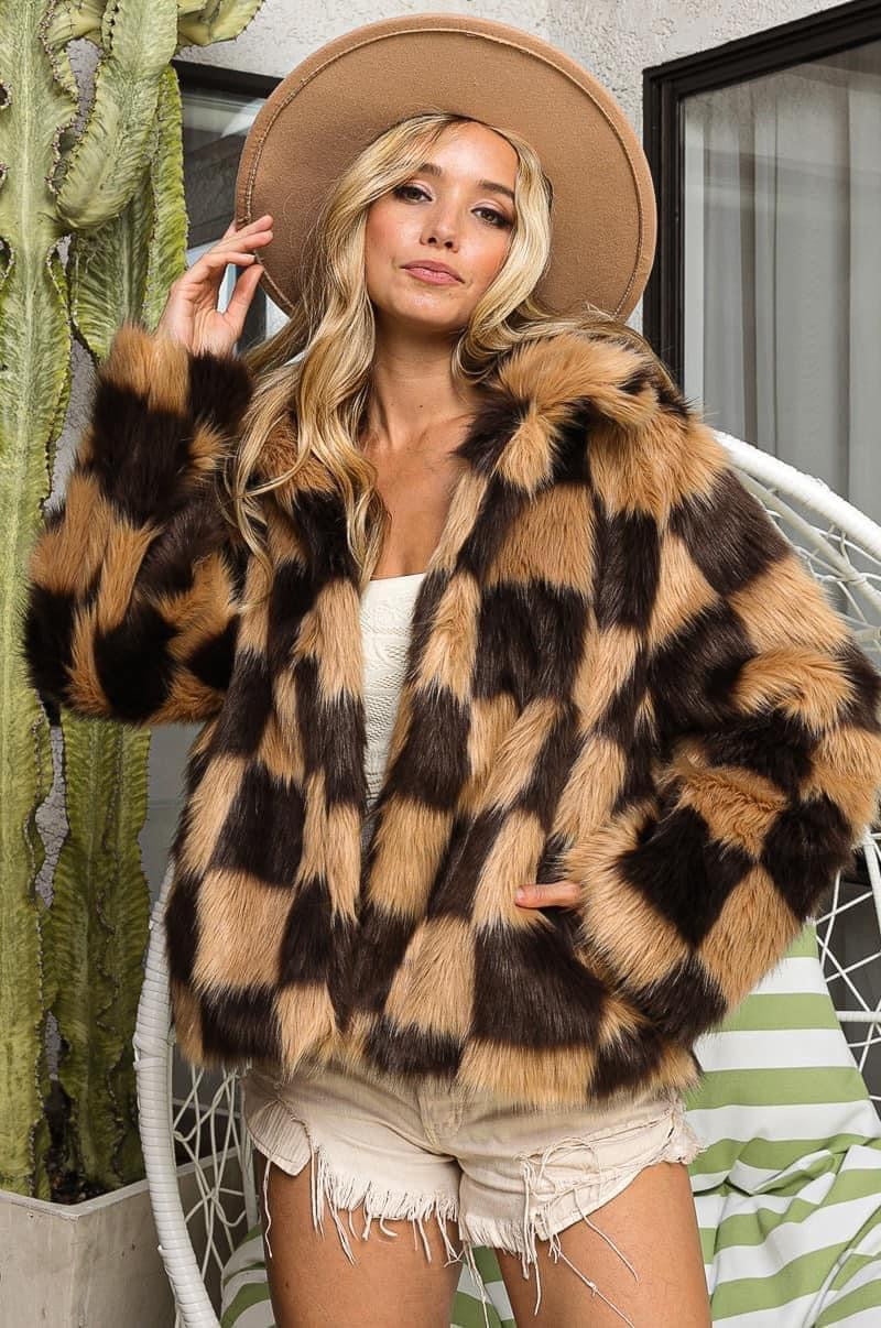Brittany Faux Fur Checkered Chunky Jacket